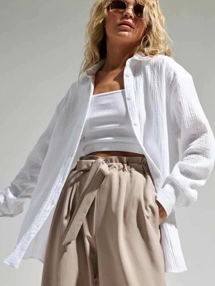 Bornladies 2025 Women'S Spring Summer 100% Cotton Shirts Office Lady  Fashionable Solid Lady Long Sleeve Loose Tops Crepe Shirts
