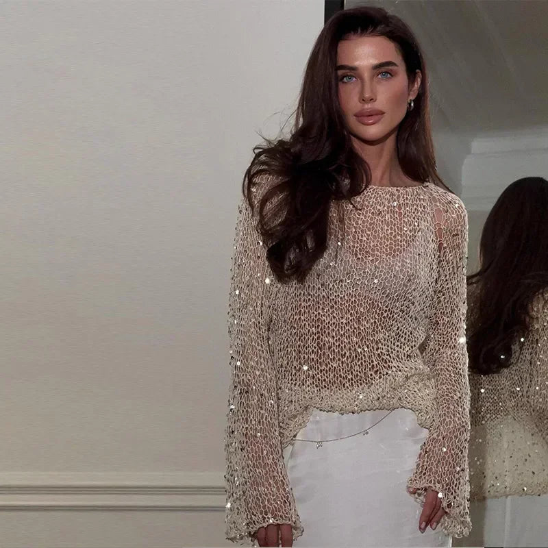 Fashion Women'S Sequins Knit Hollow Out Pullovers Loose O-Neck Long Sleeve Female Sweaters 2025 Spring Lady Shinny Chic Shirts