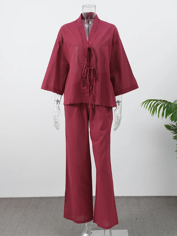 Summer Brown Cotton Linen Loose Pants Sets Fashion V-Neck Lace Up Long Sleeve Shirt Suit 2025 New Women'S Casual 2 Piece Outfits