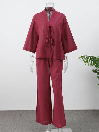 Summer Brown Cotton Linen Loose Pants Sets Fashion V-Neck Lace Up Long Sleeve Shirt Suit 2025 New Women'S Casual 2 Piece Outfits