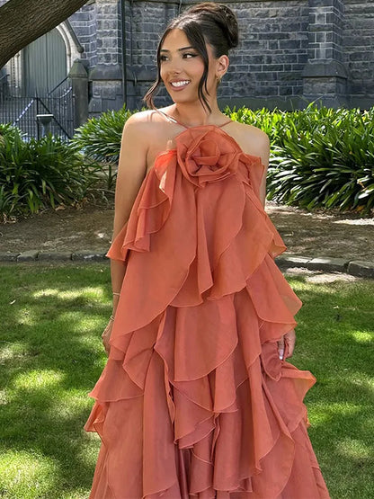 Beach Layer Ruffles Long Dress Women 3D Flower Backless Sleeveless Slim Fit Maxi Dresses Female 2025 Summer Lady Party Robes