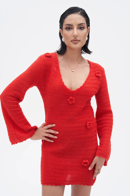 3D Flower Hand Crotch Full Flare Sleeve Sweater Dress
