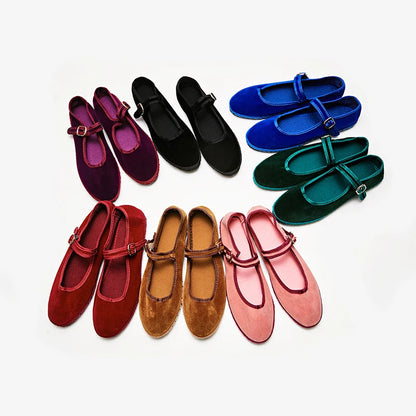 Gray Mary Jeans Flats Shoes Women Round Toe Hand Stitch Velvet Cloth Shoes Ladies Casual Soft Comfortable Ballet Shoes Loafers