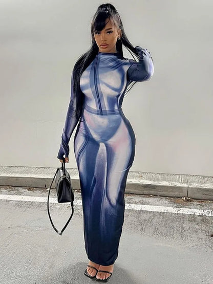 3D Print Stand Collar Maxi Party Dress