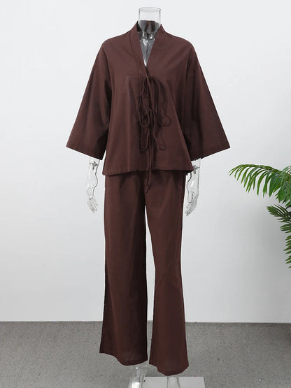 Summer Brown Cotton Linen Loose Pants Sets Fashion V-Neck Lace Up Long Sleeve Shirt Suit 2025 New Women'S Casual 2 Piece Outfits