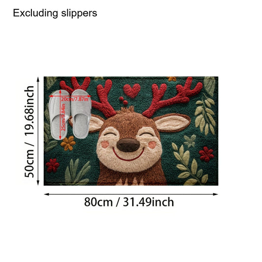 1Pc Fluffy Christmas Deer Microfiber Bath Mat - Quick-Dry & Absorbent, Festive Holiday Design With Red Berries & Green Leaves