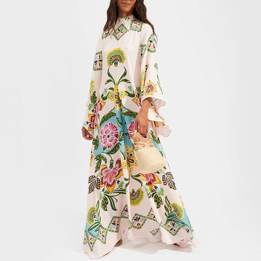 Ethnic Retro Spring Print Boho Long Dress Women Sexy Stand Collar Lace-Up Party Dress Fall Long Sleeve Loose Ladies Maxi Dresses