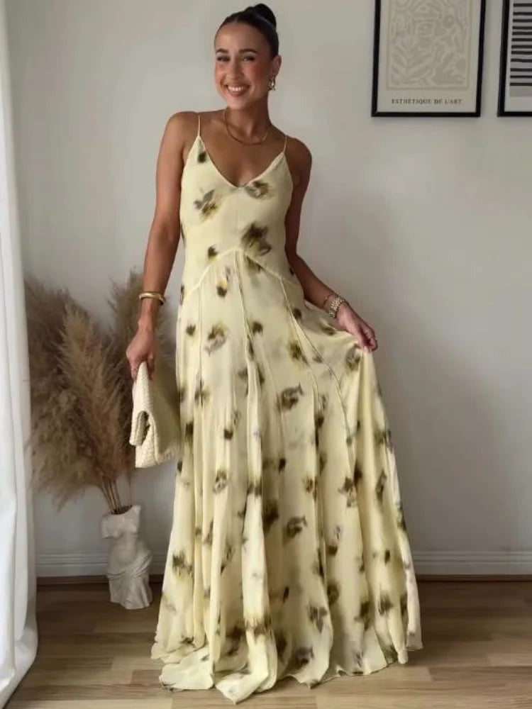 Yellow Print V Neck Sling Maxi Dresses Elegant Sleeveless Backless High Waist Pleated Long Dress Lady New Summer Commute Robes