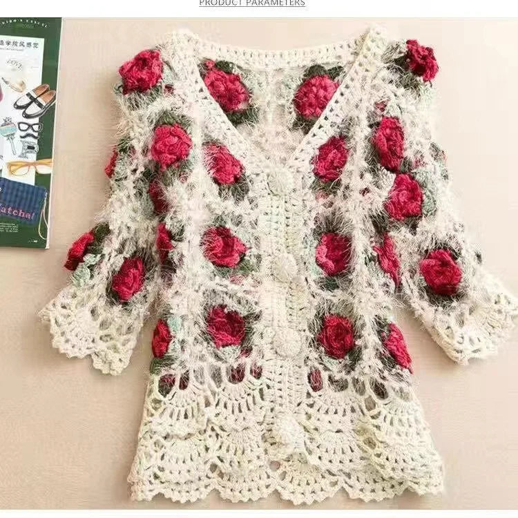 Three-Dimensional Flower Openwork Crocheted Sweater Cardigan Women'S Spring And Autumn New Heavy Industry Joker Sweater 3Xl Coat