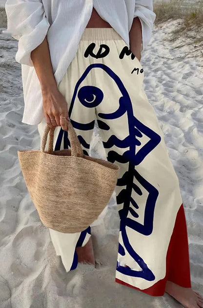 Ladies Beach Pants High Quality Pure Cotton Fabric Blue Fish Graphic Printing Chic Trend Fashion New Loose Wide Leg Trousers