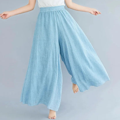 2024 Sen Women'S Artistic Plus Size Cotton Linen Pants Skirt Elastic Waist Solid Color Ethnic Style Wide Leg Pants Skirt