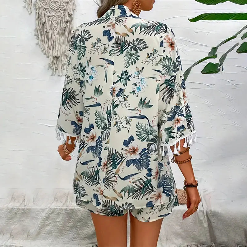Two Piece Set For Women Outfits Open-Front Cardigan Smock Flower Printed Beach Shorts Summer Suits Female Clothing Beachwear