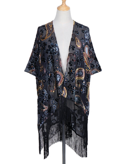 Wehello Bohemian Burnt Plush Kimono Women'S Long Purple Tassel Beach Cover-Up  Holiday Casual Cardigan Shawl Jypf-20
