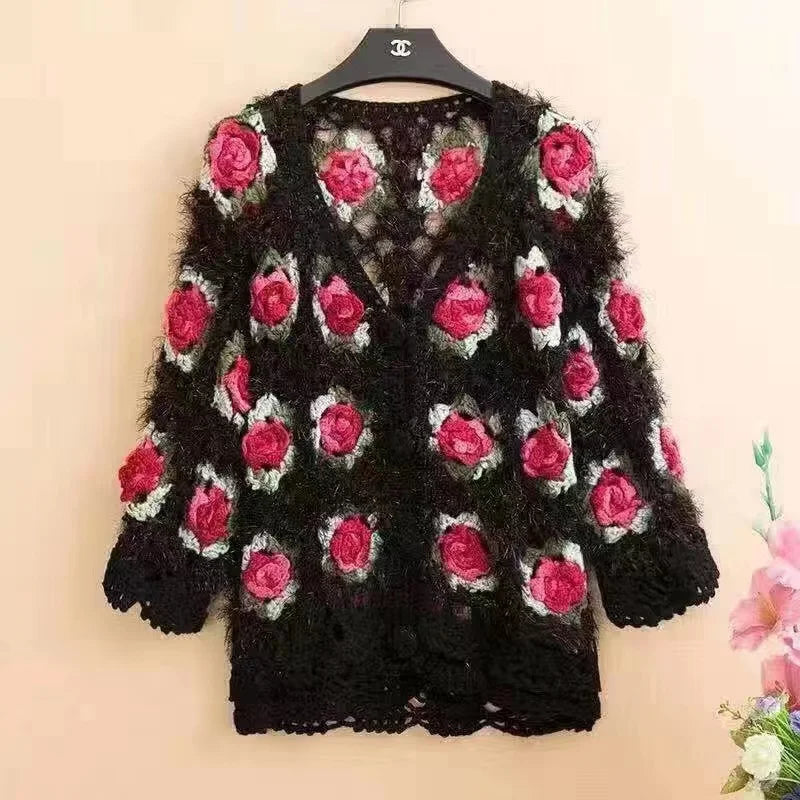 Three-Dimensional Flower Openwork Crocheted Sweater Cardigan Women'S Spring And Autumn New Heavy Industry Joker Sweater 3Xl Coat