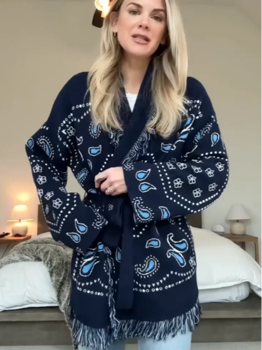 Tassel Patchwork Printed Cardigan Women Geometric Patterns Belts V-Neck Long Sleeve Knitted Street Lady Sweater 2025 Autumn Coat