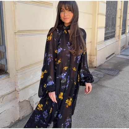Elegant Printed Boho Long Dresses Women Loose Chic Turtleneck Lantern Sleeve Floral Robes 2025 Spring Summer Lady Vacation Dress