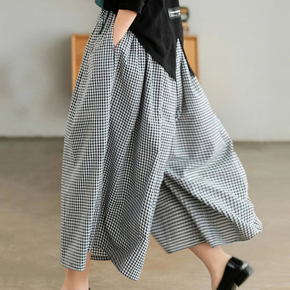 Summer New Culotte Pants High Waist Pleated Slanted Pocket A-Shaped Wide Leg Covering Span Checkered Printing Trousers