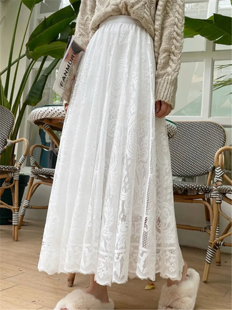 Vintage Women'S Lace Crochet Umbrella Long Skirts Bohemian High Waist Hollow Out Female Maxi Skirts Spring Summer
