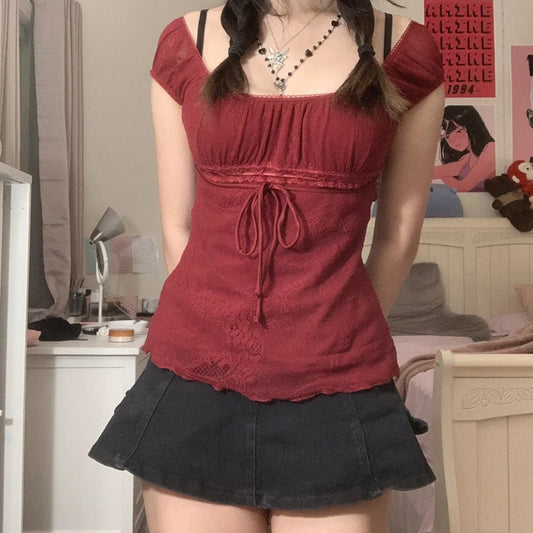Elegant Lady Square Collar T-Shirt Kawaii Bow Short Sleeve Pullovers Tees Y2K Vintage Fairy Grunge Women Crop Top Retro Clothes