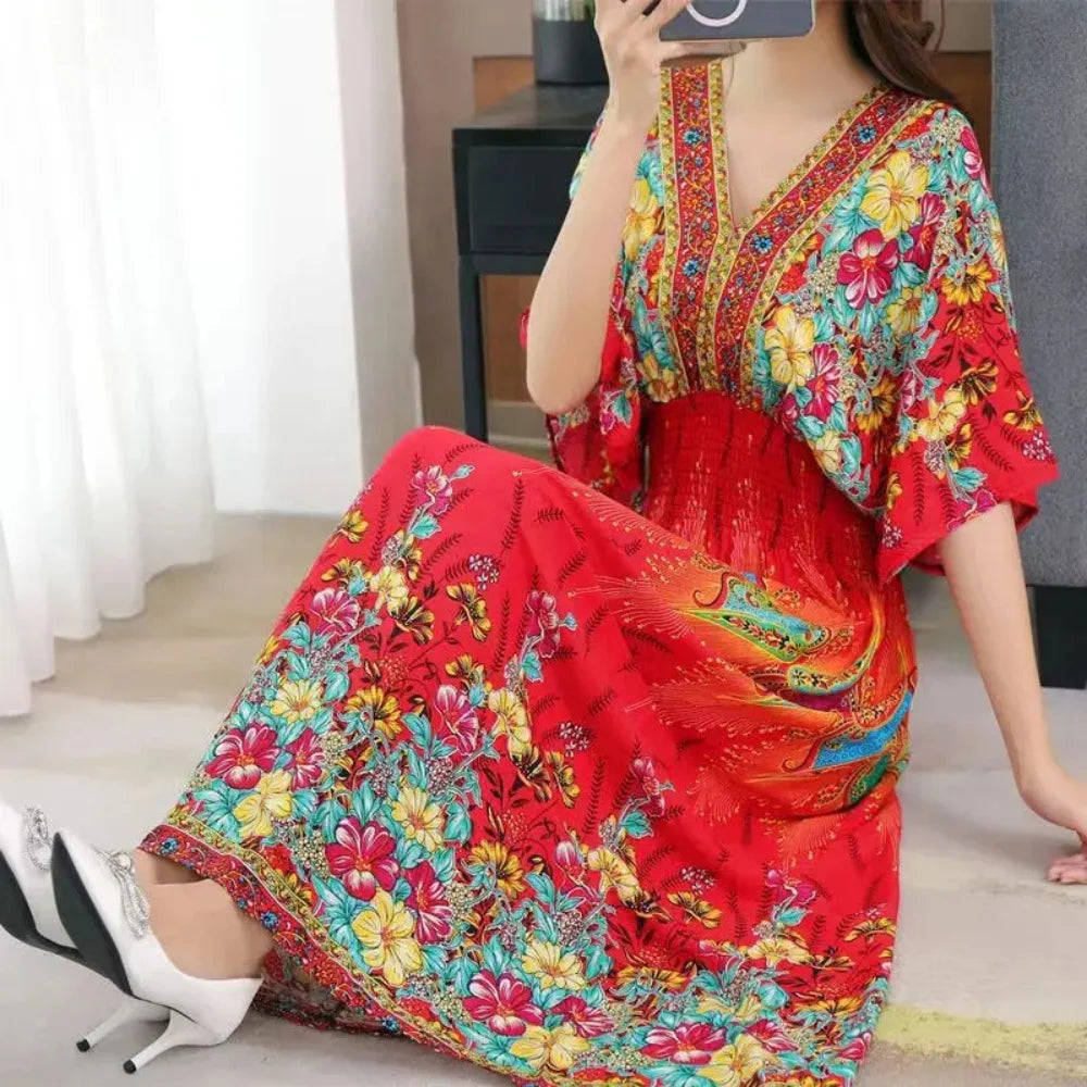 Casual Elegant Retro Bohemian National Style V-Neck Elastic  Waist Large Swing Printed Summer Long Skirt Woman Dress Clothes