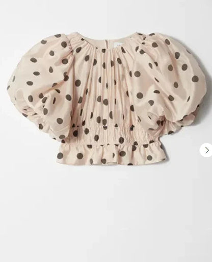 Chic Puffy Layered Ruffles Polka Dot Print Skirt Sets Women Elegant O-Neck Bubble Short Sleeve Tops Suit Lady Evening Partywear