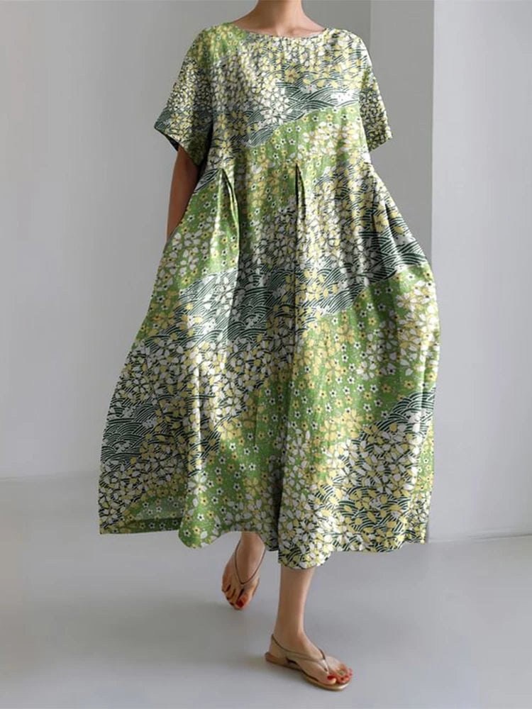 New Women'S Round Neck Long Casual Dress Summer Large Size Fresh Fish Print Dress Street Vacation Short-Sleeved Dress