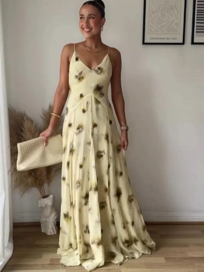 Yellow Print V Neck Sling Maxi Dresses Elegant Sleeveless Backless High Waist Pleated Long Dress Lady New Summer Commute Robes