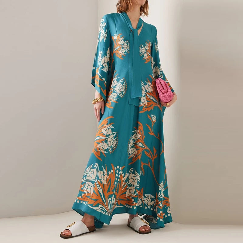 Ethnic Retro Spring Print Boho Long Dress Women Sexy Stand Collar Lace-Up Party Dress Fall Long Sleeve Loose Ladies Maxi Dresses