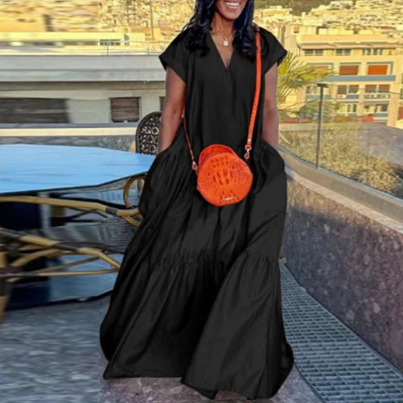 Plus Size Vonda Women Bohemian Dress 2025 Summer Sundress Solid Color Casual Short Sleeve Party Ruffled Vestidos V-Neck Robe