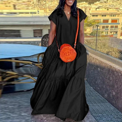 Plus Size Vonda Women Bohemian Dress 2025 Summer Sundress Solid Color Casual Short Sleeve Party Ruffled Vestidos V-Neck Robe