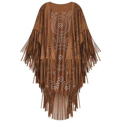 Camel Suede Floral Hollow Out Fringe Tassel Shawl Women Vintage Capes Ponchos Autumn Bohemian Cardigan Cloak Boho Capes