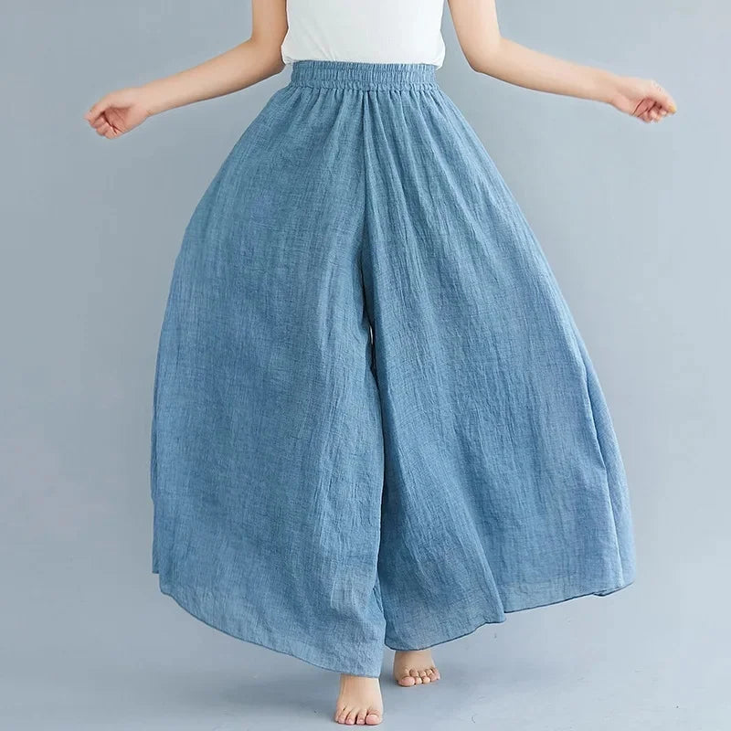 2024 Sen Women'S Artistic Plus Size Cotton Linen Pants Skirt Elastic Waist Solid Color Ethnic Style Wide Leg Pants Skirt