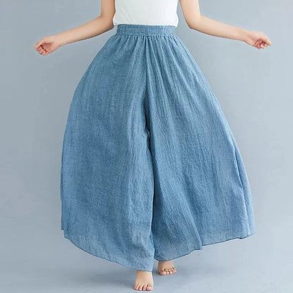 2024 Sen Women'S Artistic Plus Size Cotton Linen Pants Skirt Elastic Waist Solid Color Ethnic Style Wide Leg Pants Skirt