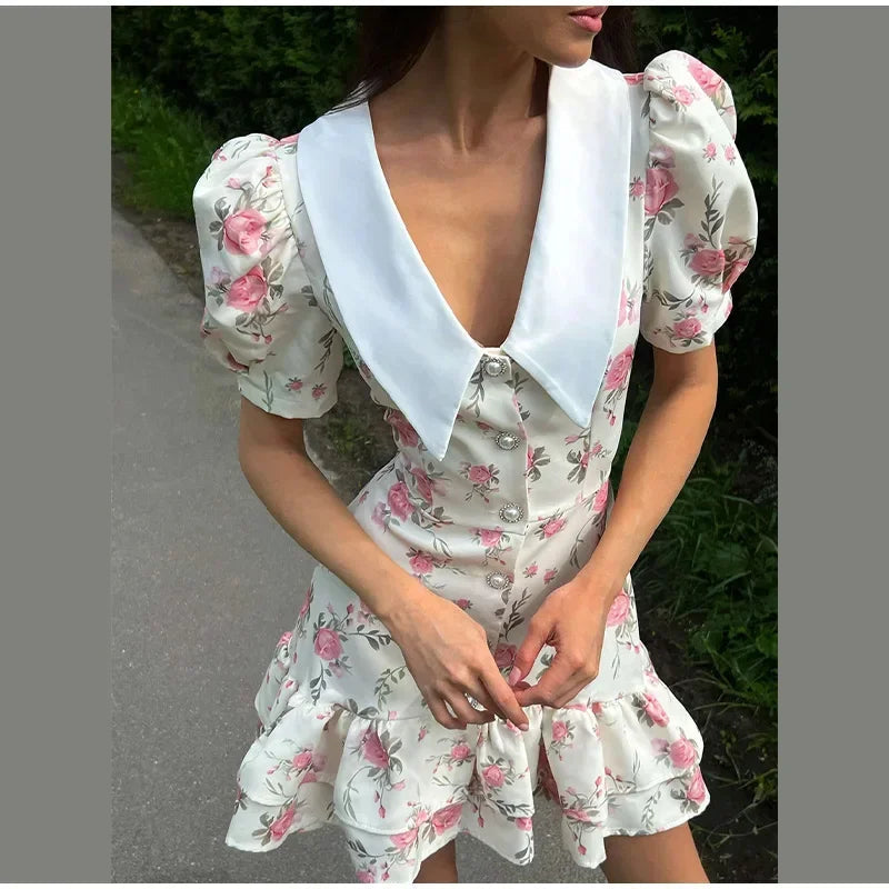 Flower Printed Lapel Mini Dress Women Casual Daily Short Sleeved V Neck A-Line Fluffy Short Vestido 2025 New Summer Holiday Robe