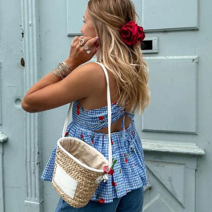Fairycore Backless Tie Up Crop Tops Cherry Plaid Print Peplum Camisole Summer Holiday Sweet Cute Milkmaid Tank Vest Y2K Clothes