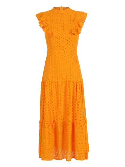 Bohemian Solid Hollow Out Elegant Women Dress O Neck Flying Sleeve Button Long Dress Summer Chic Casual Beach Women Clothing