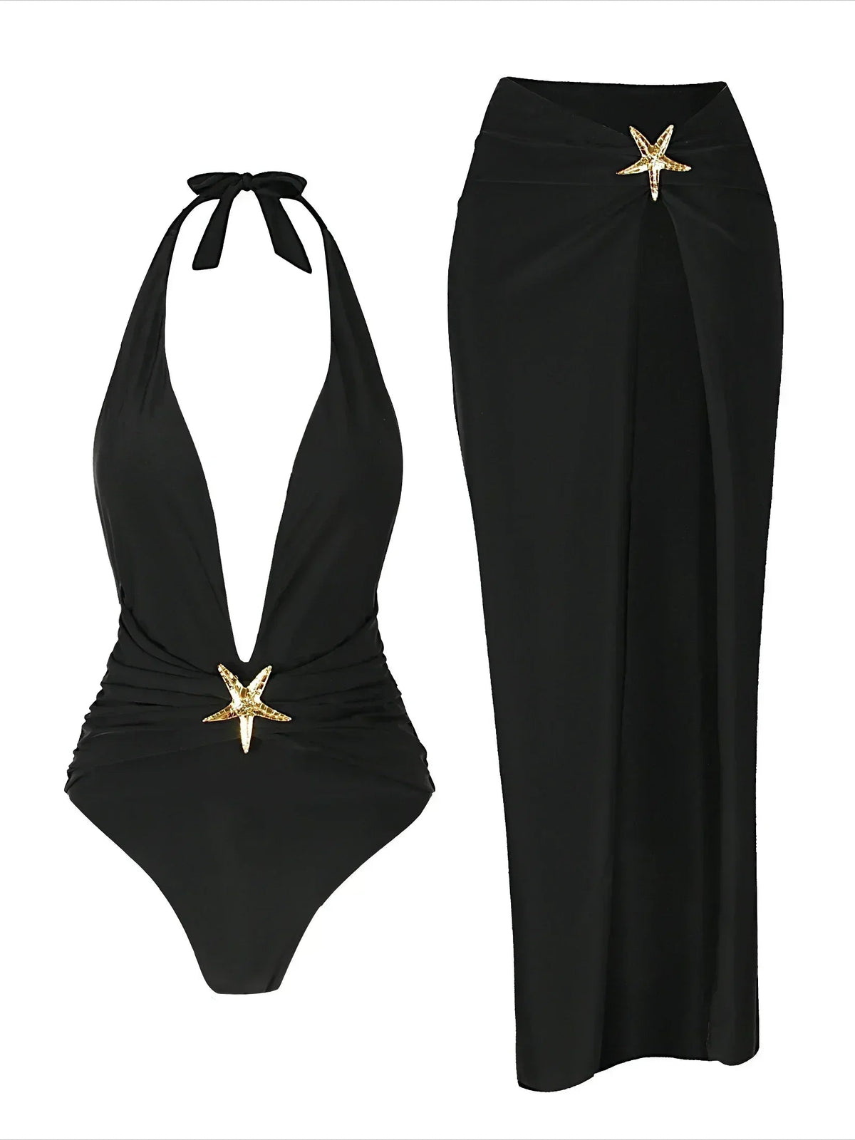 2 Piece Swimsuits For Elegant Women Starfish One Piece Bathing Suits With High Split Skirt Cover Ups Sexy Halter Bikini Sets K59