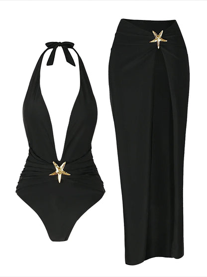 2 Piece Swimsuits For Elegant Women Starfish One Piece Bathing Suits With High Split Skirt Cover Ups Sexy Halter Bikini Sets K59