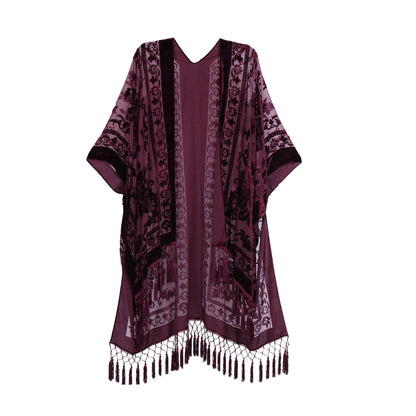 Wehello Bohemian Burnt Plush Kimono Women'S Long Purple Tassel Beach Cover-Up  Holiday Casual Cardigan Shawl Jypf-20