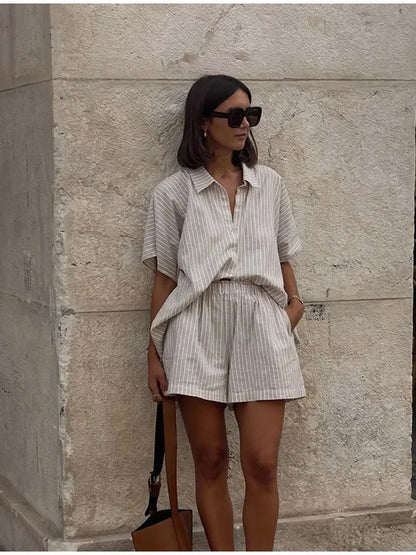 Women Fashion Stripe Print Lace-Up Shorts Set Oversized Lapel Short Sleeve Single Breasted Shirts Suit Lady Casual Street Outfit