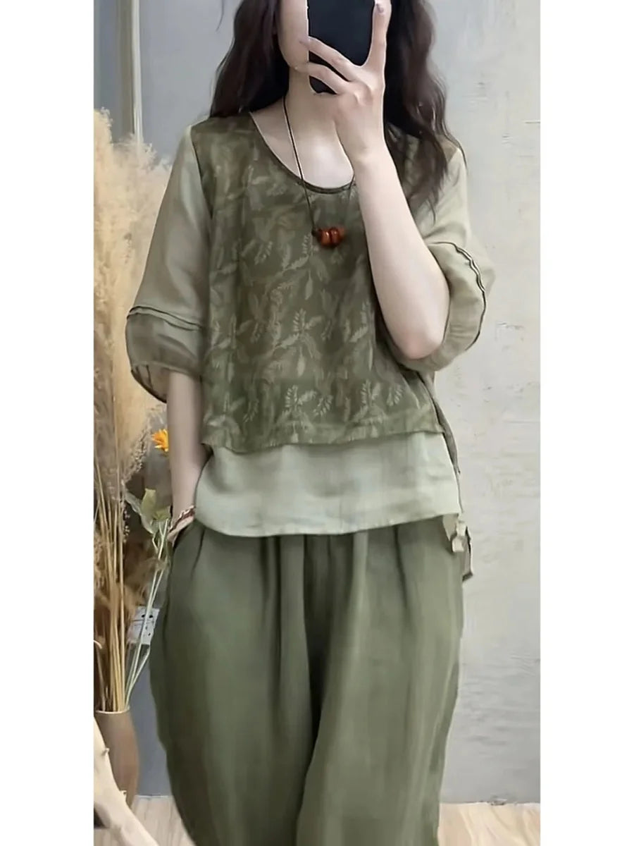 Faionable Cotton Linen Set Women'S Summer New Print Patchwork Slimming Two-Piece Top Harlan Pants Fake Two-Piece Suit