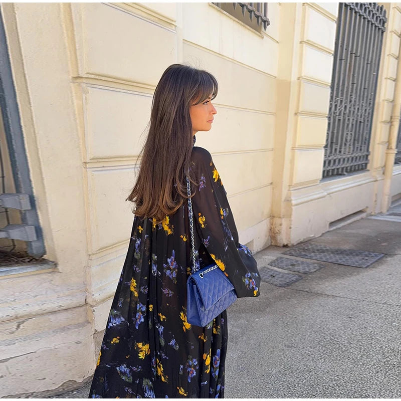 Elegant Printed Boho Long Dresses Women Loose Chic Turtleneck Lantern Sleeve Floral Robes 2025 Spring Summer Lady Vacation Dress
