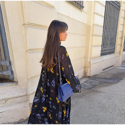 Elegant Printed Boho Long Dresses Women Loose Chic Turtleneck Lantern Sleeve Floral Robes 2025 Spring Summer Lady Vacation Dress