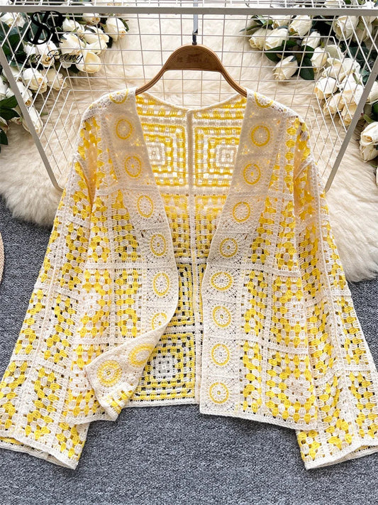 Vintage Boho Loose Plaid Cardigans Female Long Sleeves Hook Flower Hollow Tops 2025 Vacation Sunscreen Casual Shirt