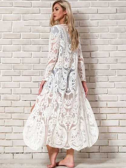 Fitshinling Bohemian White Beach Cover-Up Swimwear Sarong Embroidery Lace Kimono Sexy Transparent Long Cardigan Saida De Praia