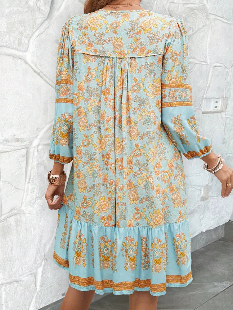 Canwedance Women'S Bohemian Printed Dress V Neck Chic Short Dress Loose Fit Viscose Holiday Dresses Femme Hippie Vestidos