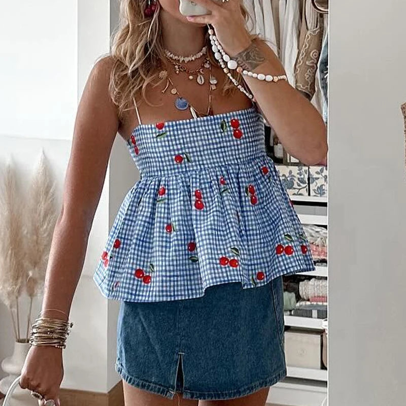 Fairycore Backless Tie Up Crop Tops Cherry Plaid Print Peplum Camisole Summer Holiday Sweet Cute Milkmaid Tank Vest Y2K Clothes
