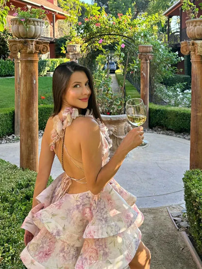 3D Floral Halter Layered V Neck Mini Dress