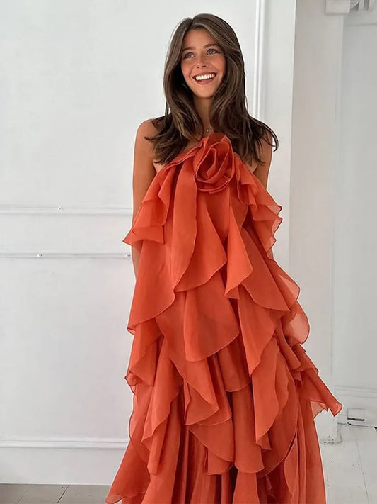Beach Layer Ruffles Long Dress Women 3D Flower Backless Sleeveless Slim Fit Maxi Dresses Female 2025 Summer Lady Party Robes