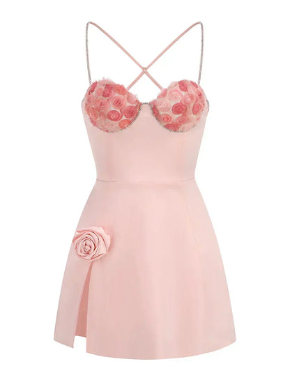 3D Flower Spaghetti Strap Party Mini Dress